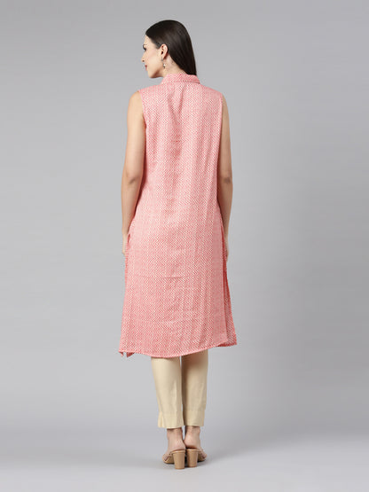 Sleeveless Pastel Pink Kurta with Long Pointed Collar & False Button