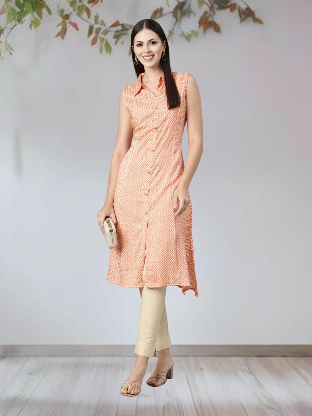 Orange Sleeveless Pastel Kurta With Long Pointed Collar & False Button