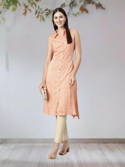 Orange Sleeveless Pastel Kurta With Long Pointed Collar