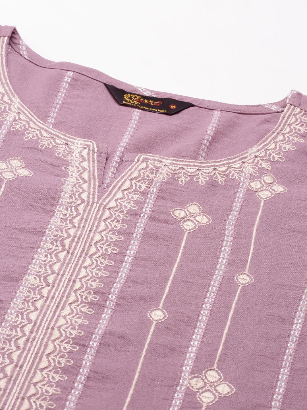 front view image of samhitas Lavender Embroidered Chikan kurti