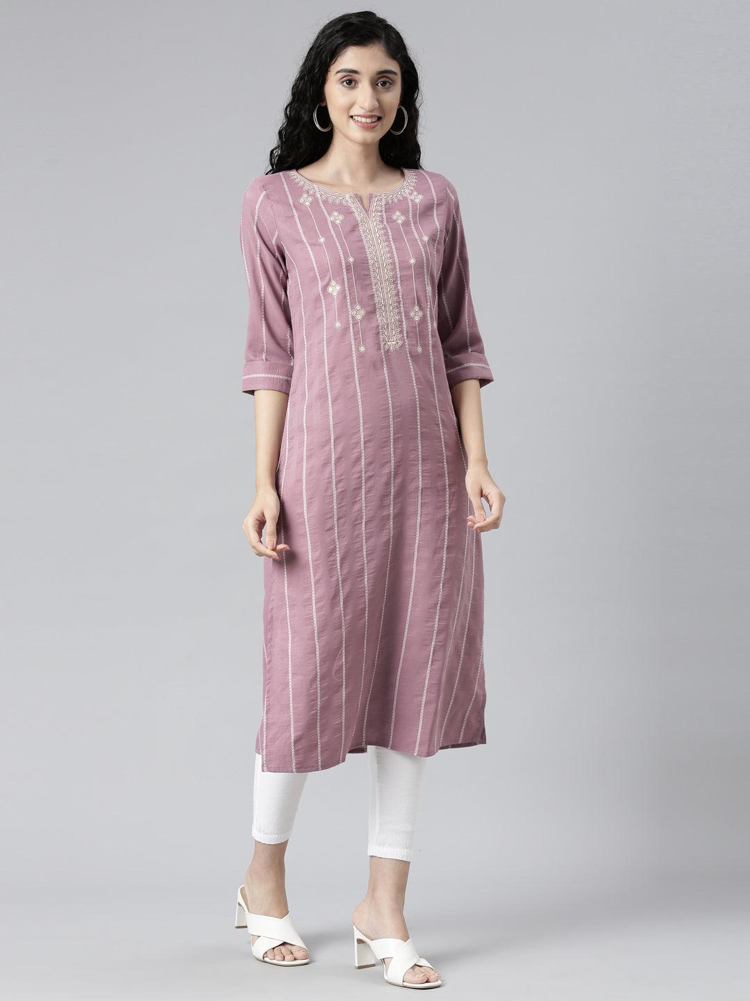 front view image of samhitas Lavender Embroidered Chikan kurti