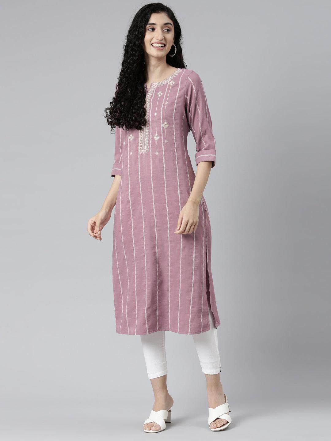 front side view image of samhitas Lavender Embroidered Chikan kurti