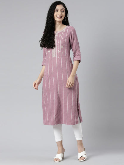 front side view image of samhitas Lavender Embroidered Chikan kurti