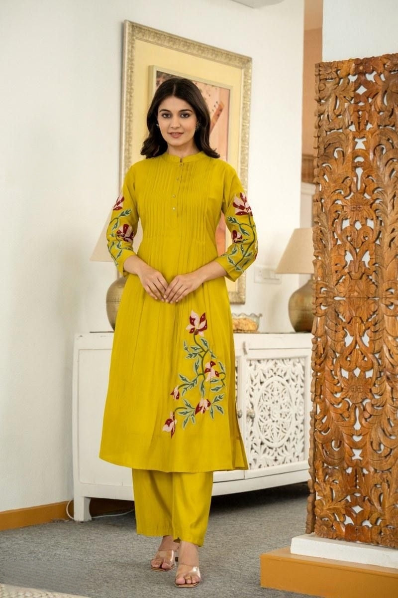 Yellow Color Co-ord Set With Floral Embroidery At Front And Sleeves