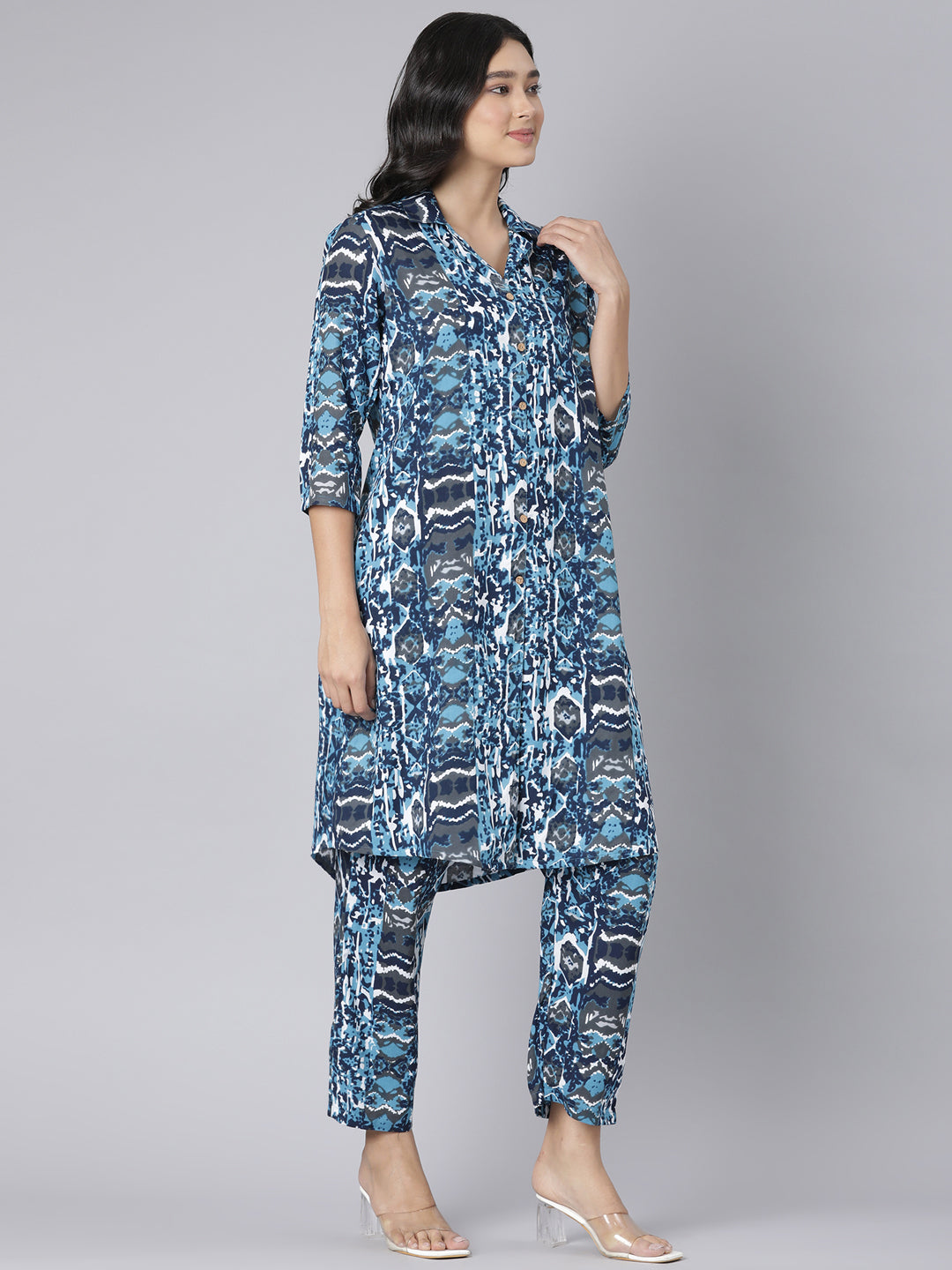 Azure Abstract Printed Co-ord Set with Shirt Collar