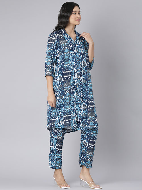 Azure Abstract Printed Co-ord Set with Shirt Collar