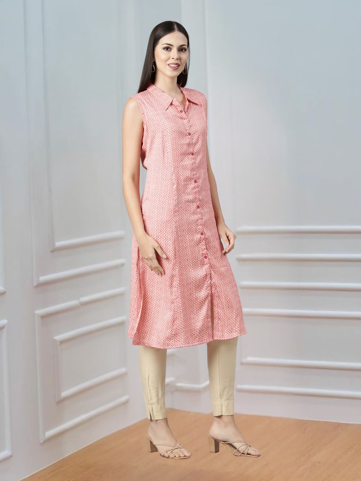 Sleeveless Pastel Pink Kurta with Long Pointed Collar & False Button